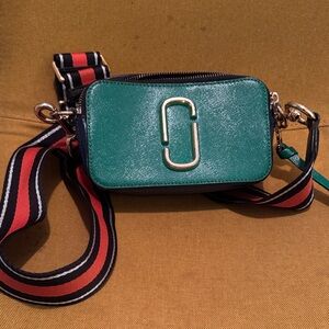 Marc Jacobs Green Camera Crossbody with Striped Strap and Gold Logo